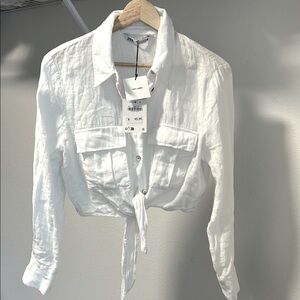 Zara White Long Sleeve Tie-Front Crop Shirt